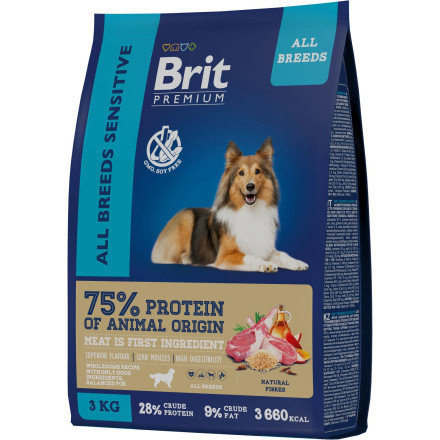 Brit Premium Dog Sensitive сухой корм для взрослых собак всех пород с чувствительным пищеварением с ягненком и индейкой - 3 кг