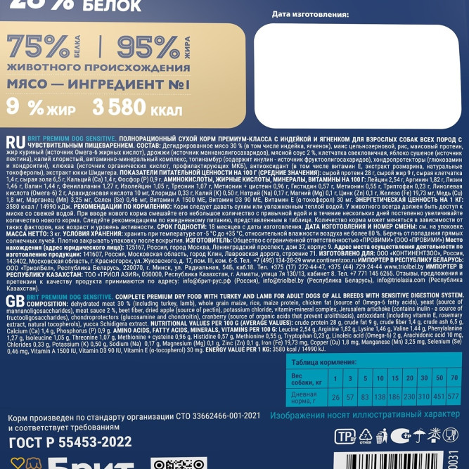 Брит Премиум Dog Sensitive сухой корм для взрослых собак всех пород с чувствительным пищеварением с ягненком и индейкой - 3 кг