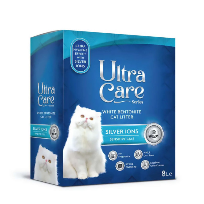Ultra Care Silver Ions Sensitive гипоаллергенный комкующийся наполнитель для кошачьего туалета с ионами серебра, в двойном картоне - 7 кг