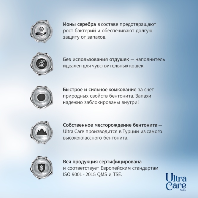 Ultra Care Silver Ions Sensitive гипоаллергенный комкующийся наполнитель для кошачьего туалета с ионами серебра, в двойном картоне - 7 кг