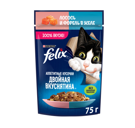 Felix &quot;Аппетитные кусочки&quot; Двойная вкуснятина влажный корм для взрослых кошек с лососем и форелью в желе, в паучах - 75 г х 26 шт