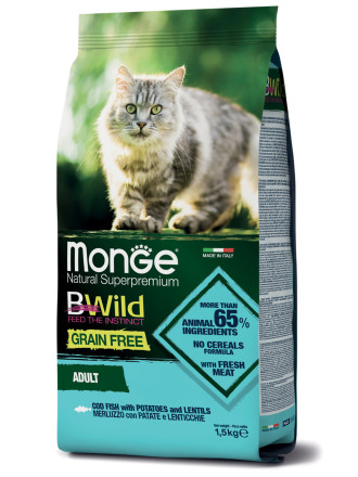 Monge Cat BWild Grain Free сухой беззерновой корм для взрослых кошек с треской 1,5 кг