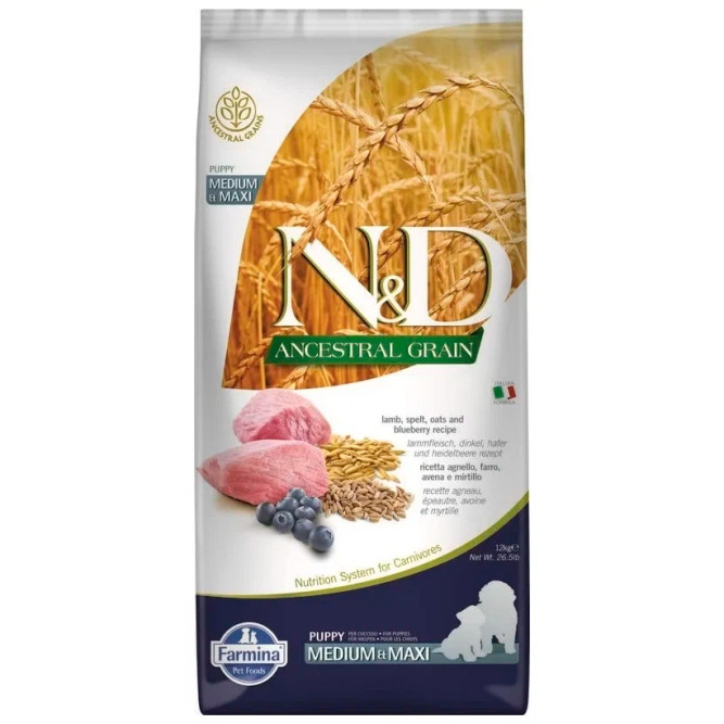 Farmina N&amp;D Ancestral Grain Dog Lamb Blueberry Puppy Medium &amp; Maxi сухой низкозерновой корм для щенков средних и крупных пород, беременных и кормящих собак с ягненком и черникой - 12 кг