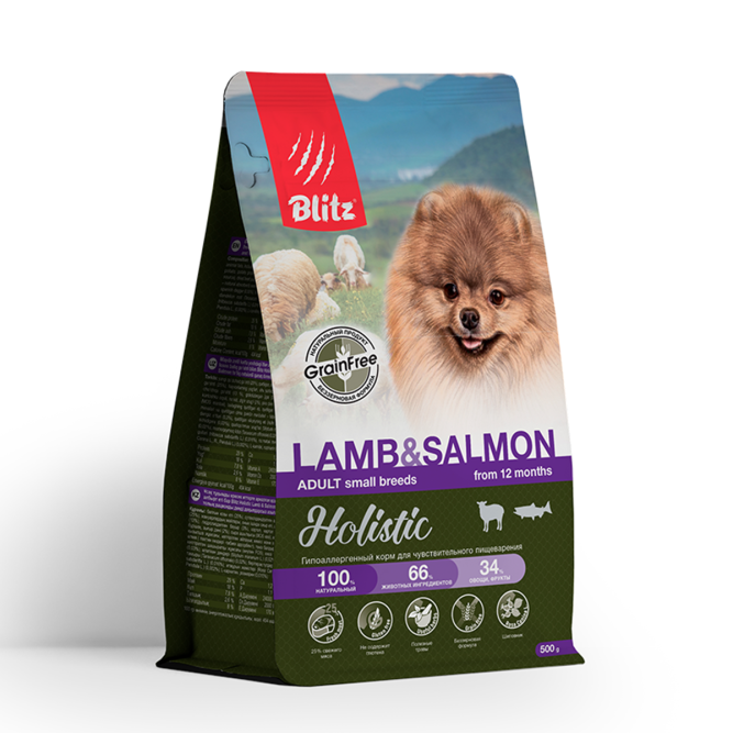 Blitz Holistic Lamb &amp; Salmon сухой беззерновой корм для взрослых собак мелких пород, при чувствительном пищеварении с ягненком и лососем - 500 г