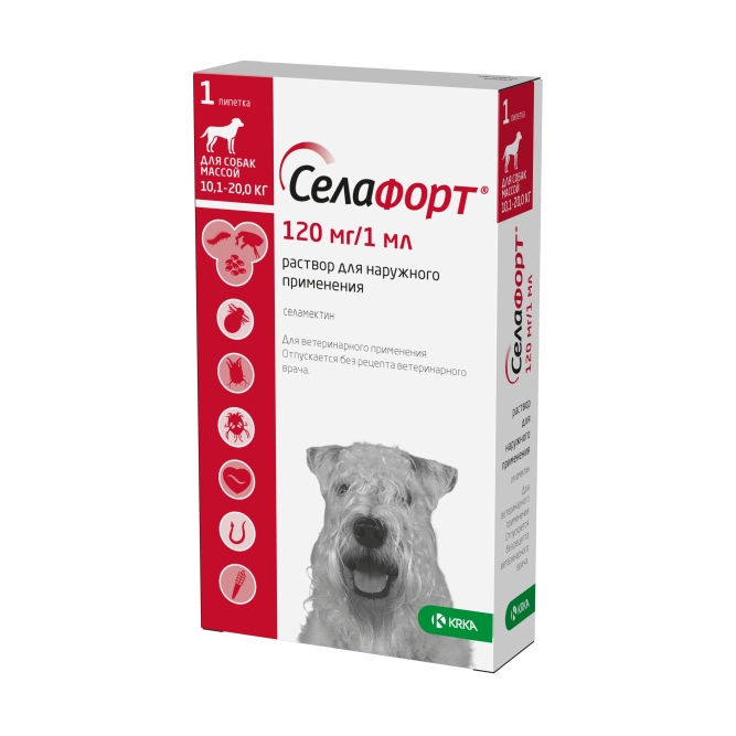 Селафорт капли от блох, вшей и власоедов для собак весом от 10,1 до 20 кг - 1 пипетка (120 мг/1 мл)