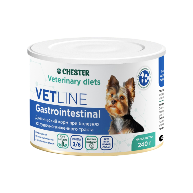 Chester Vetline Gastrointestinal влажный диетический корм для взрослых собак всех пород при заболеваниях ЖКТ, в консервах - 240 г х 12 шт
