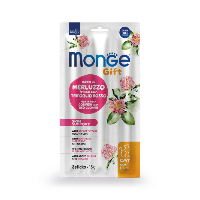 Monge Gift Skin Support лакомство для кошек Мягкие палочки со свежей треской и красным клевером, для здоровой кожи - 15 г