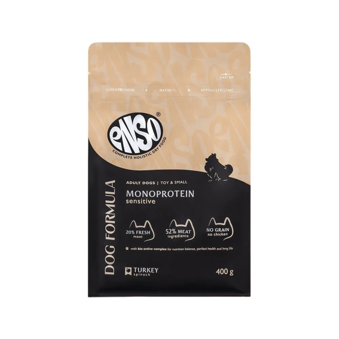 ENSO Dog Formula Monoprotein сухой корм для взрослых собак мелких и миниатюрных пород со свежей индейкой и добавлением шпината - 400 г