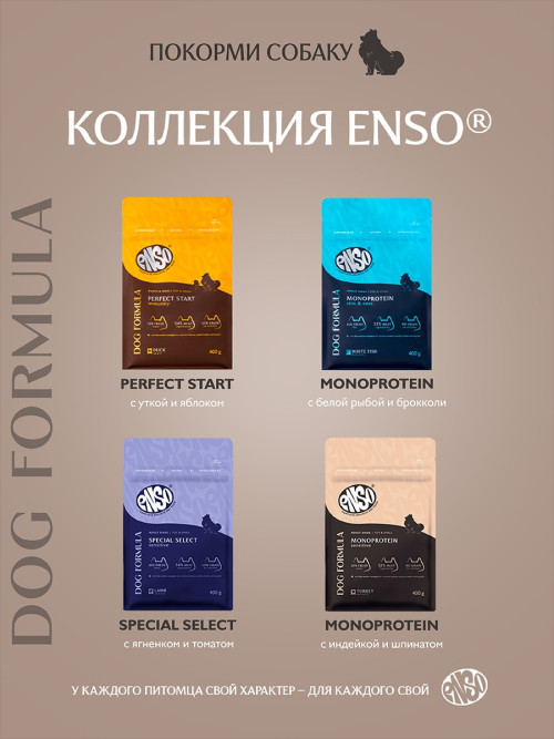 ENSO Dog Formula Monoprotein сухой корм для взрослых собак мелких и миниатюрных пород со свежей индейкой и добавлением шпината - 400 г