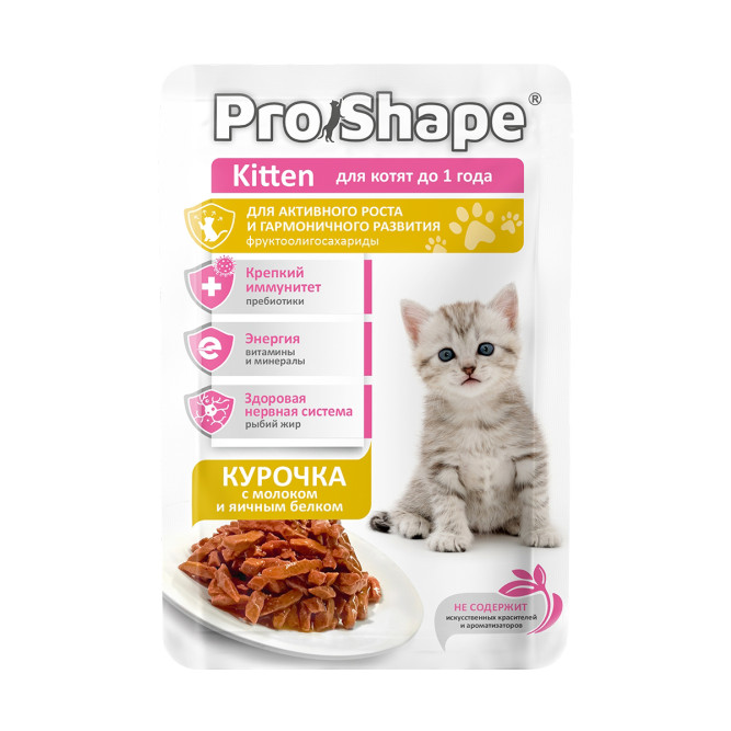 ProShape влажный корм для котят до 1 года, для активного роста и гармоничного развития, с курицей, молоком и яичным белком в соусе, в паучах - 75 г х 28 шт
