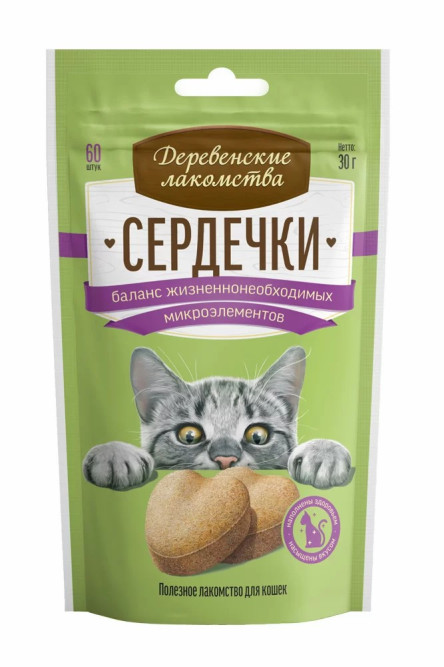 Деревенские лакомства сердечки для кошек для баланса жизненно необходимых микроэлементов - 30 г