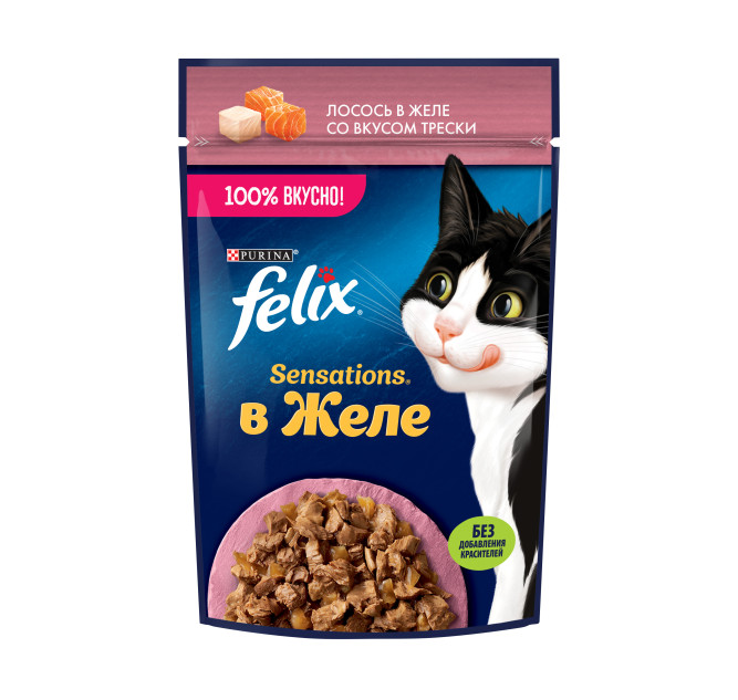 Felix Sensations влажный корм для взрослых кошек, лосось и треска в желе, в паучах - 75 г х 26 шт