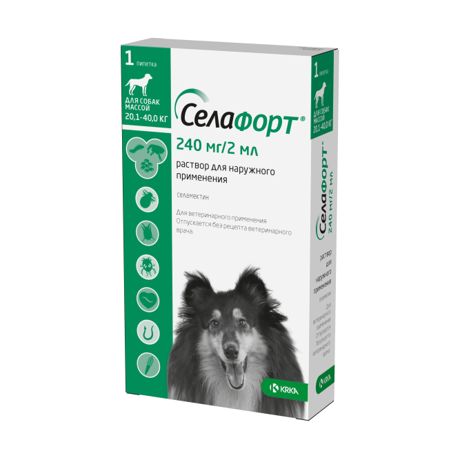 Селафорт капли от блох, вшей и власоедов для собак весом от 20,1 до 40 кг - 1 пипетка (240 мг/2 мл)