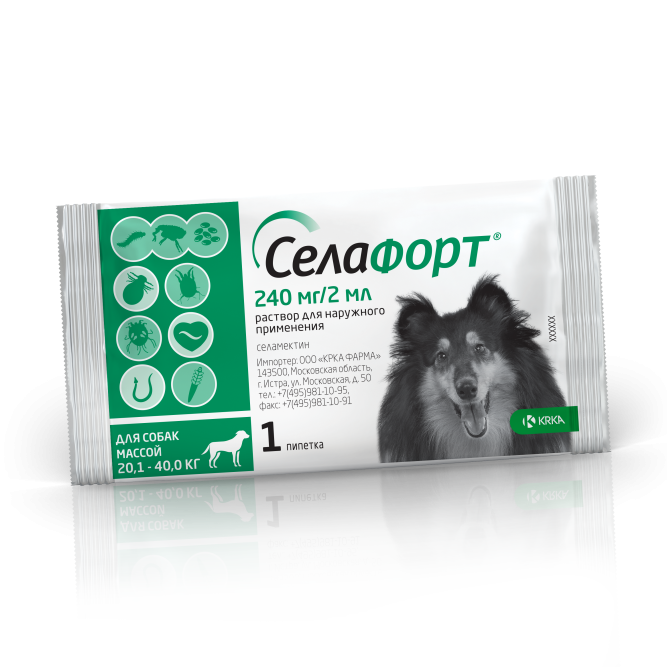 Селафорт капли от блох, вшей и власоедов для собак весом от 20,1 до 40 кг - 1 пипетка (240 мг/2 мл)