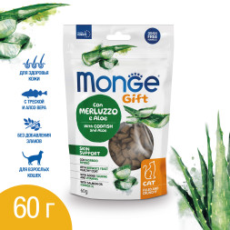 Monge Gift Skin Support лакомство для кошек Хрустящие подушечки с треской и алоэ вера, для здоровой кожи - 60 г