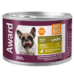 AWARD влажный корм для взрослых собак, паштет с уткой и брусникой, в консервах - 200 г х 12 шт