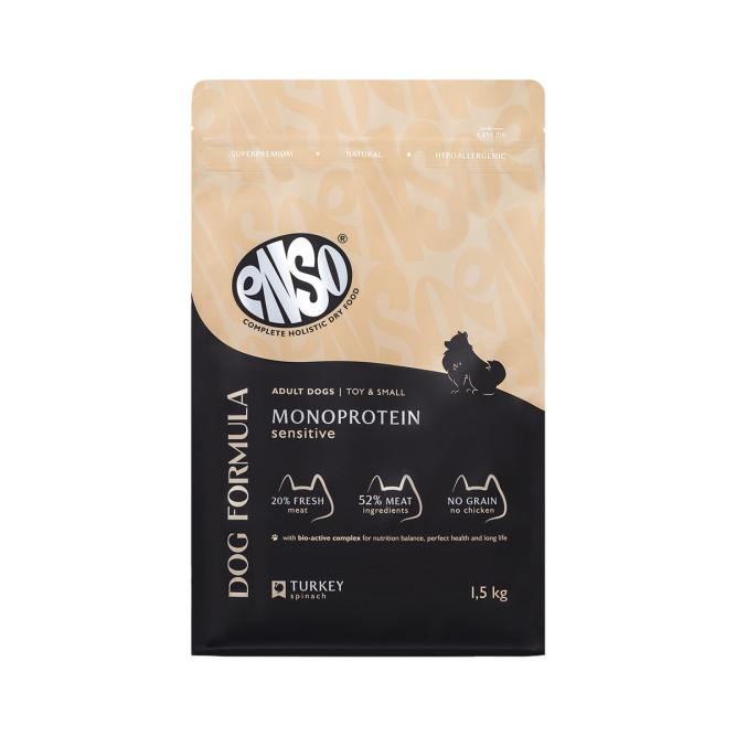 ENSO Dog Formula Monoprotein сухой корм для взрослых собак мелких и миниатюрных пород со свежей индейкой и добавлением шпината - 1,5 кг