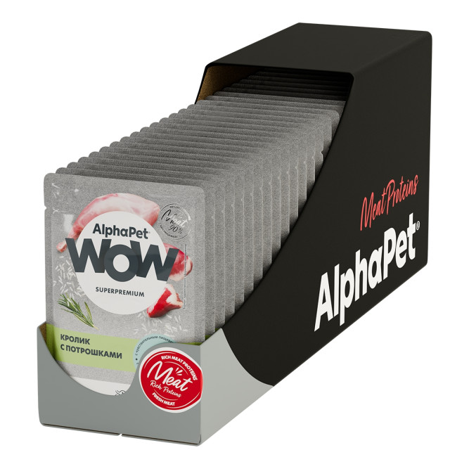 AlphaPet WOW Superpremium влажный корм для взрослых кошек с чувствительным пищеварением с кроликом и потрошками, нежные ломтики в соусе, в паучах - 85 г х 28 шт