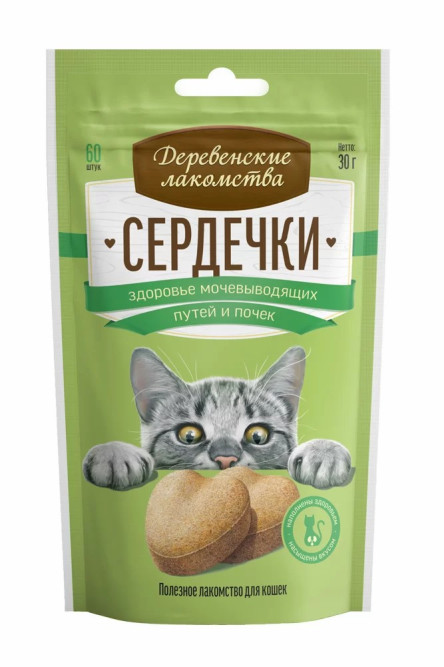 Деревенские лакомства сердечки для кошек для здоровья мочевыводящих путей и почек - 30 г