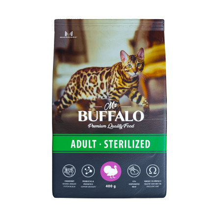 Mr.Buffalo Castrated полнорационный сухой корм для взрослых стерилизованных котов и кошек с индейкой - 400 г