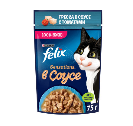 Felix Sensations влажный корм для взрослых кошек, треска с томатами в удивительном соусе, в паучах - 75 г х 26 шт