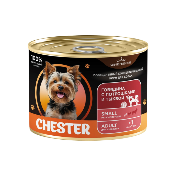 Chester Premium влажный корм для взрослых собак мелких пород с говядиной, потрошками и тыквой, в консервах - 240 г х 12 шт