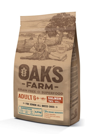 OAKs Farm Dog Senior 6+ All Breeds Salmon сухой беззерновой корм для взрослых собак всех пород старше 6 лет с лососем 6.5 кг