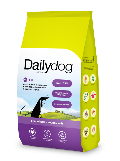 Dailydog Classic Line сухой корм для пожилых собак средних и крупных пород и собак, склонных к полноте, с индейкой и говядиной - 18 кг
