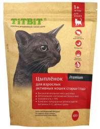 TiTBiT сухой корм для взрослых активных кошек от 1 до 7 лет с мясом цыпленка - 400 г