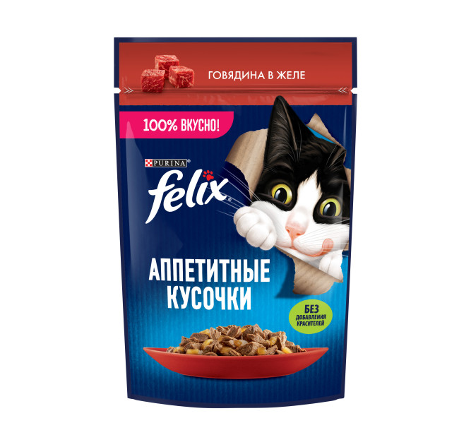 Felix "Аппетитные кусочки" влажный корм для взрослых кошек с говядиной в желе, в паучах - 75 г х 26 шт