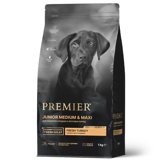 Premier Dog Turkey Junior Medium &amp; Maxi сухой корм для юниоров средних и крупных пород, свежее мясо индейки - 1 кг