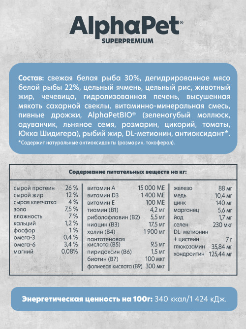 AlphaPet Superpremium Monoprotein сухой корм для взрослых собак мелких пород с белой рыбой - 1,5 кг