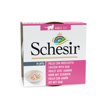 Schesir Cat Adult влажный корм для взрослых кошек с филе цыпленка и ветчиной в желе, в консервах - 85 г х 14 шт
