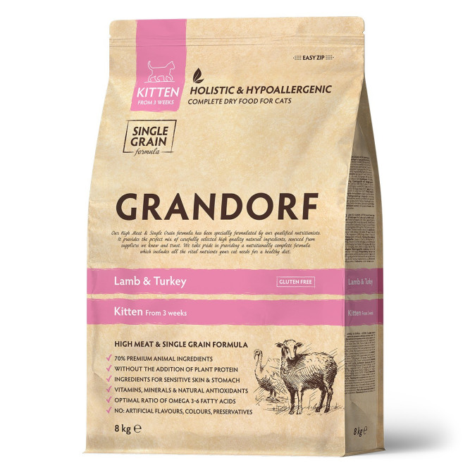 Grandorf Cat Lamb&amp;Turkey Kitten сухой корм для котят с 3-х недель с ягнёнком и индейкой - 8 кг