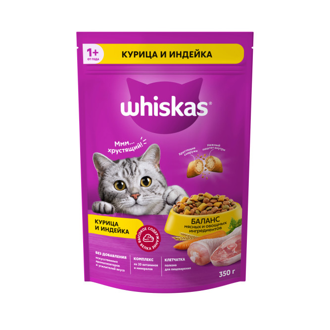 Whiskas Вкусные подушечки с нежным паштетом сухой корм для взрослых кошек Аппетитное ассорти с курицей и индейкой - 350 г