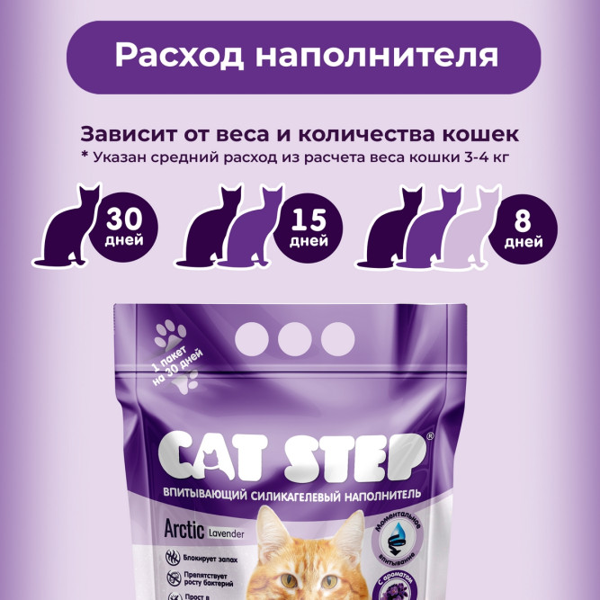 Cat Step Arctic Lavender наполнитель силикагелевый впитывающий с ароматом лаванды - 3,8 л (1,7 кг)