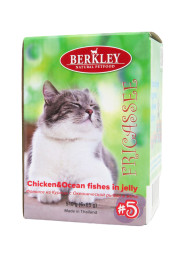 Berkley Фрикасе №5 влажный корм для взрослых кошек, курица с океанической рыбой, в желе, паштет - 85 г x 6 шт