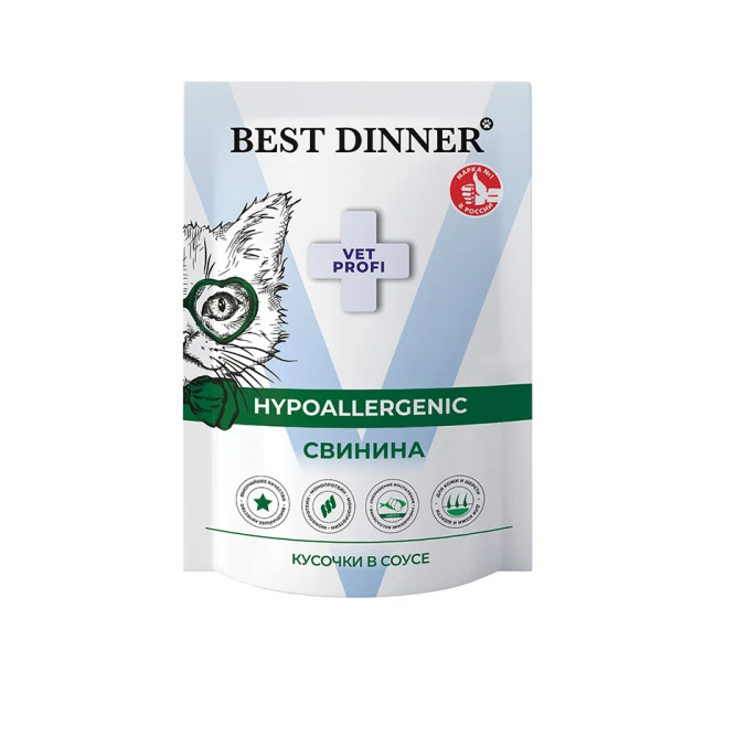 Best Dinner Vet Profi Hypoallergenic влажный диетический монопротеиновый корм для взрослых кошек при пищевой аллергии и непереносимости со свининой, кусочки в соусе, в паучах - 85 г х 24 шт