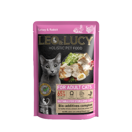 LEO&amp;LUCY влажный холистик корм для взрослых кошек ассорти вкусов, кусочки в соусе, в паучах - 85 г х (5 + 1 шт)