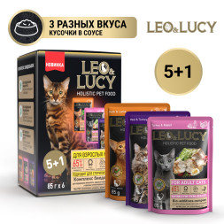 LEO&amp;LUCY влажный холистик корм для взрослых кошек ассорти вкусов, кусочки в соусе, в паучах - 85 г х (5 + 1 шт)