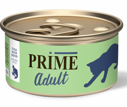 Prime влажный корм для взрослых кошек Тунец с кальмаром в собственном соку, в консервах - 70 г х 24 шт