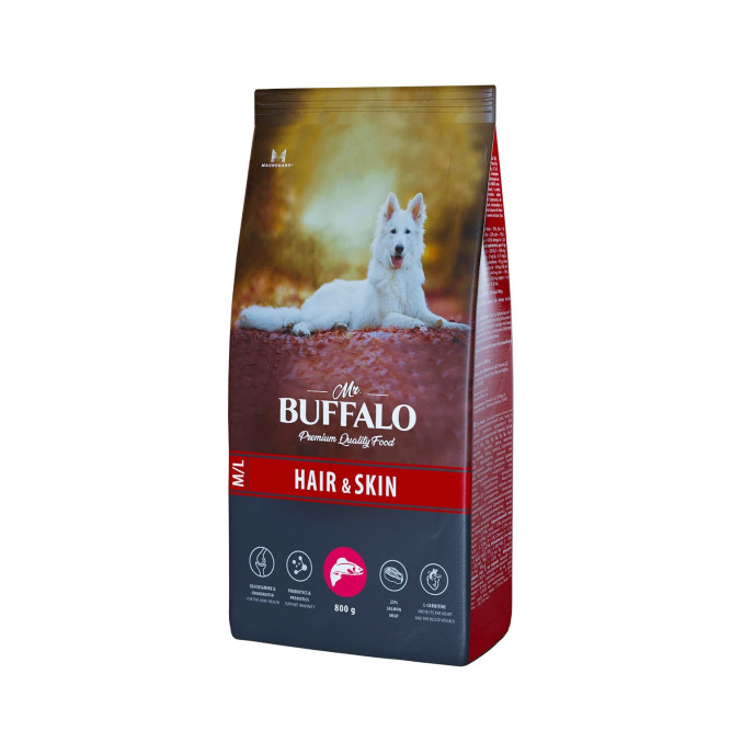 Mr.Buffalo Hair &amp; Skin Care полнорационный сухой корм для взрослых собак всех пород, для здоровой кожи и красивой шерсти, с лососем - 800 г