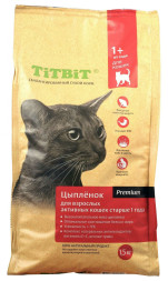 TiTBiT сухой корм для взрослых активных кошек от 1 до 7 лет с мясом цыпленка - 1,5 кг