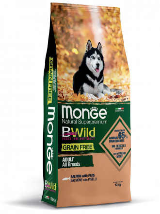 Monge Dog BWild Grain Free сухой беззерновой корм для взрослых собак всех пород с лососем и горохом 12 кг