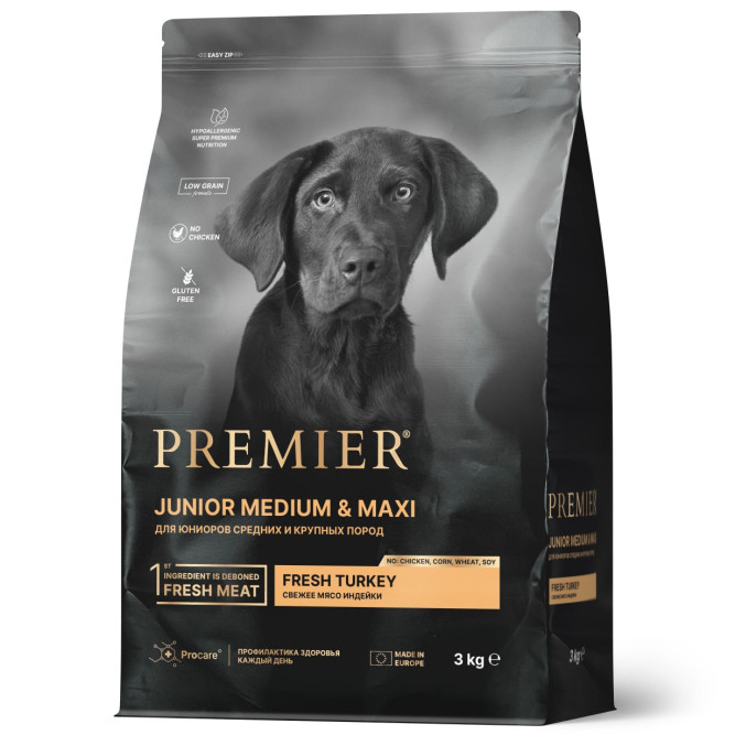 Premier Dog Turkey Junior Medium &amp; Maxi сухой корм для юниоров средних и крупных пород, свежее мясо индейки - 3 кг