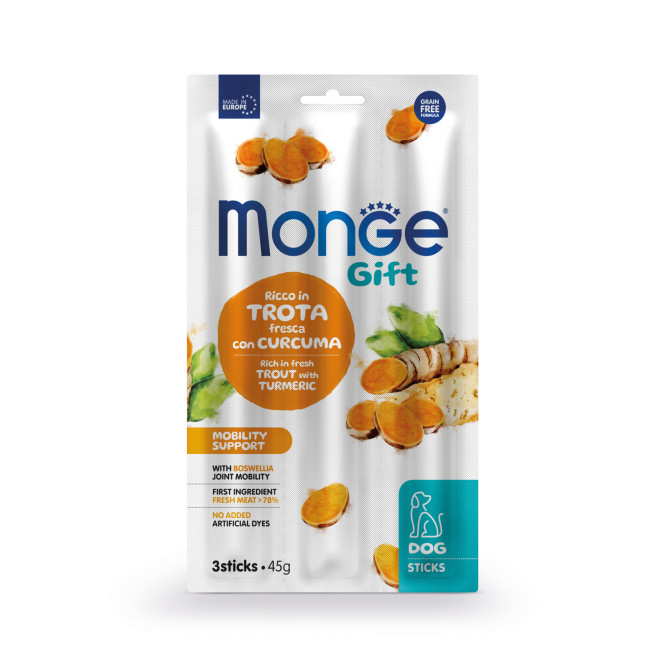Monge Gift Mobility Support лакомство для собак всех пород Мягкие палочки со свежей форелью, босвеллией и куркумой, для поддержки подвижности суставов - 45 г