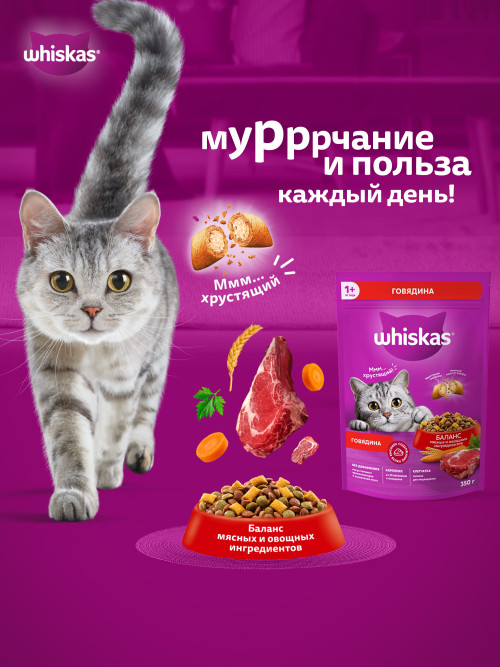 Whiskas сухой корм для стерилизованных кошек с говядиной и вкусными подушечками - 350 г