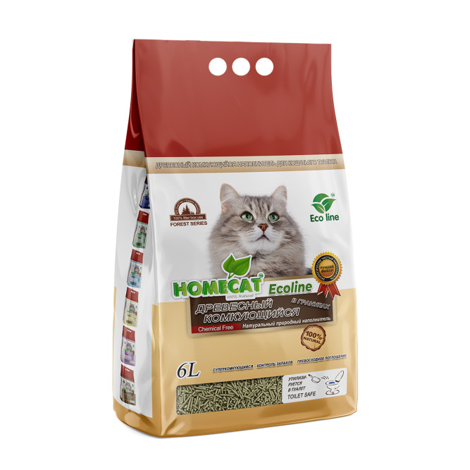 HOMECAT Ecoline древесный комкующийся наполнитель в гранулах - 6 л (2 кг)