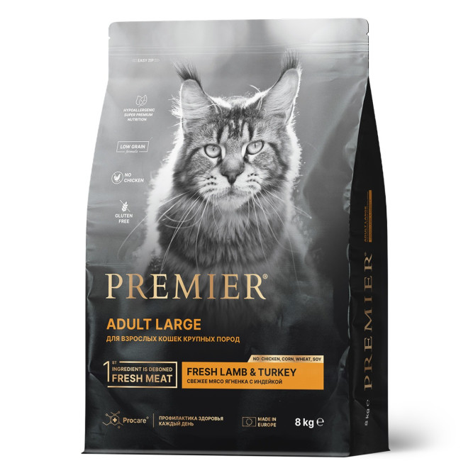 Premier Cat Lamb&amp;Turkey Adult Large сухой корм для взрослых кошек крупных пород со свежим мясом ягненка и индейкой - 8 кг