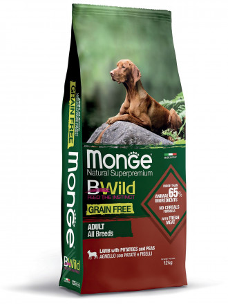 Monge Dog BWild Grain Free сухой беззерновой корм для взрослых собак всех пород с мясом ягненка, картофелем и горохом - 12 кг